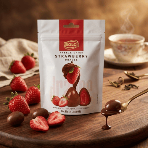 Bolçi Freeze Dried Strawberry Dragee Beutel, 80 g, Erdbeeren in Vollmilchschokolade