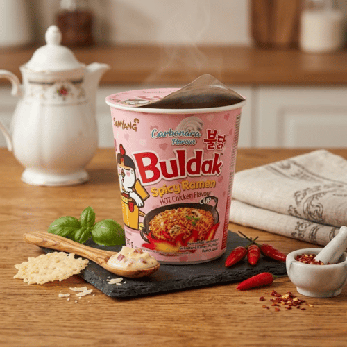 Samyang Buldak Carbonara Spicy Ramen Cup 80g – koreanische Hot Chicken Instant-Nudeln mit Carbonara-Geschmack, rosa Becher