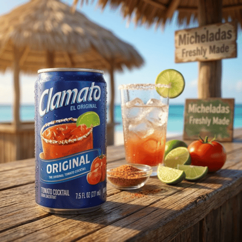 Clamato Original Tomato Cocktail Dose 221ml an einer Strandbar serviert – Würziger US-Import für Micheladas & Bloody Marys online kaufen bei Lustladen24.