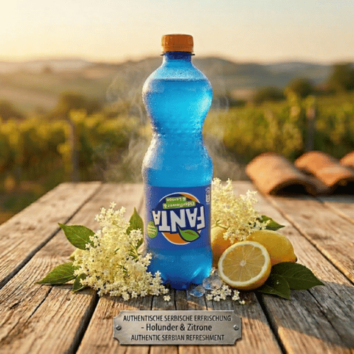 Fanta Shokata – blaue 500-ml-Flasche mit Holunderblüte-Zitrone-Geschmack, Import aus Serbien
