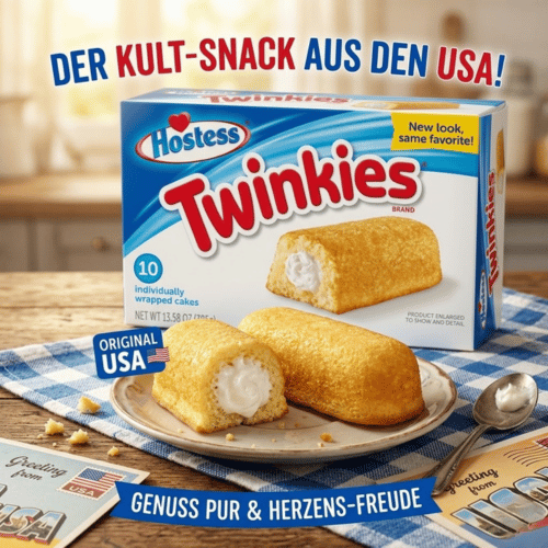 Blaue Originalverpackung von Hostess Twinkies neben zwei goldgelben Biskuitkuchen mit weißer Cremefüllung auf einem Kuchenteller im USA-Stil.