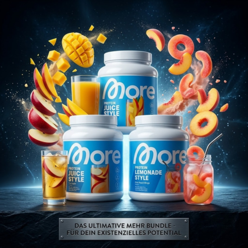 MORE Protein Pulver Dosen in drei Sorten – Pink Peach Rings, Pure Apple und Mango