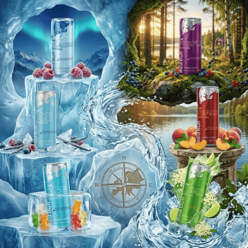 Sechs Red Bull Editionen (Glacier, Iced Vanilla Berry, Gummy Bear, Peach, Lime Green, Purple) arrangiert in einer dynamischen Komposition aus Gletschereis und sommerlicher Natur. Das 6er-Bundle von Lustladen24 zeigt die 250ml Dosen in einer detailreichen Umgebung, die Frische und funktionale Energie symbolisiert.