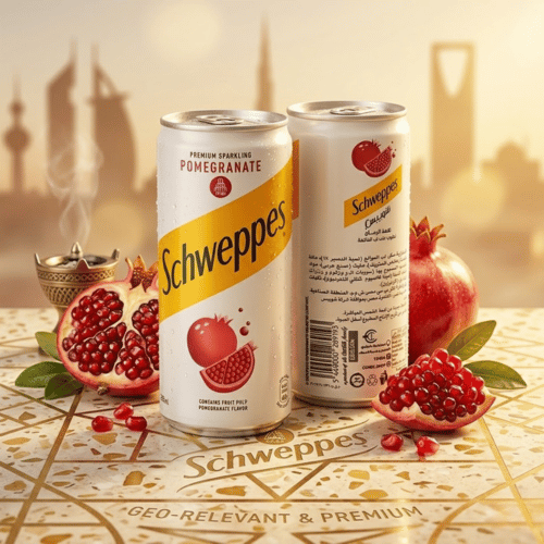Schweppes Pomegranate Dose mit frischen Granatapfelkernen vor einer orientalischen Skyline – Premium-Import mit echtem Fruchtfleisch