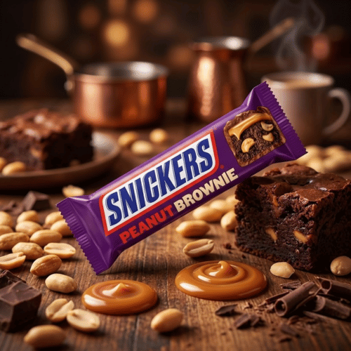 Ein Nahaufnahme-Produktfoto eines Snickers Peanut Brownie Riegels, der diagonal auf einem rustikalen Holztisch liegt. Die lila-blaue Verpackung zeigt das prominente Logo und einen detaillierten Querschnitt des Riegels. Umgeben ist der Riegel von verstreuten ganzen Erdnüssen, Stücken dunkler Schokolade, Scheiben eines saftigen Erdnuss-Brownies und zwei geschmolzenen Karamellwirbeln. Im unschärferen Hintergrund ist eine warme Backstuben-Szenerie mit einer dampfenden Tasse und Kupfergeschirr zu sehen.