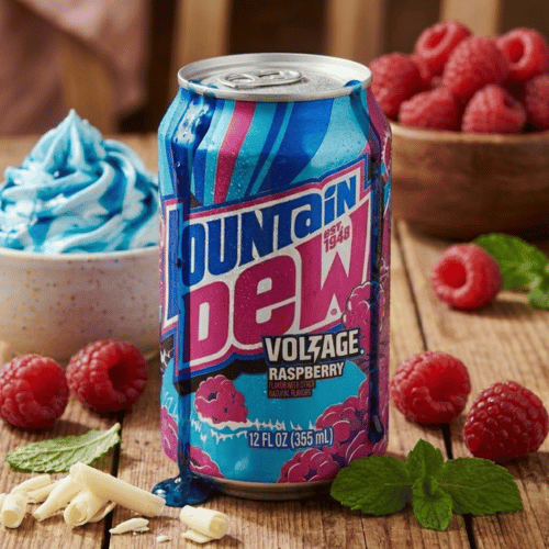 Eine blau-pinke Dose Mountain Dew Voltage "Raspberry Citrus" steht auf einem rustikalen Holztisch. Die Szene ist dekoriert mit frischen Himbeeren, Minzblättern und weißer Schokolade. Im Hintergrund ein Dessert mit blau-weißem Wirbel-Topping.