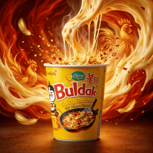 Buldak Cheese Spicy Ramen Hot Chicken Flavour Cup von Samyang Korea – gelber Becher mit Käse-Chili-Nudeln, Lustladen24