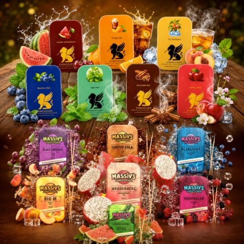 Aromatisierte Zahnstocher in verschiedenen Geschmacksrichtungen mit Früchten, Minze, Zimt, Eiswürfeln und bunter Produktverpackung