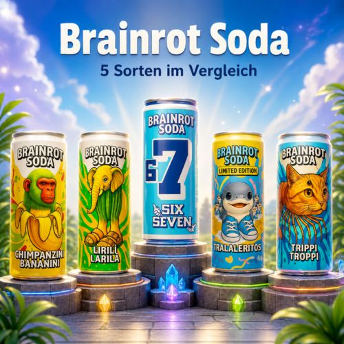 Brainrot Soda kaufen: fünf virale 250 ml Dosen im Vergleich mit Chimpanzini Bananini, Trippi Troppi, Six Seven Cola, Lirilì Larilà und Tralaleritos.