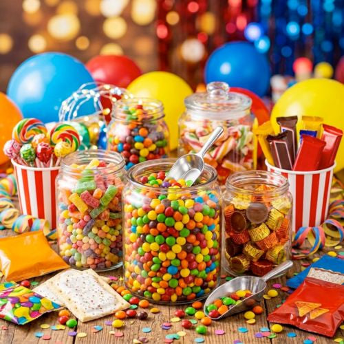 Eine reichhaltige und farbenfrohe Candy Bar auf einem Holztisch, üppig dekoriert mit gläsernen Behältern voller amerikanischer Süßigkeiten im Bulk-Format.
