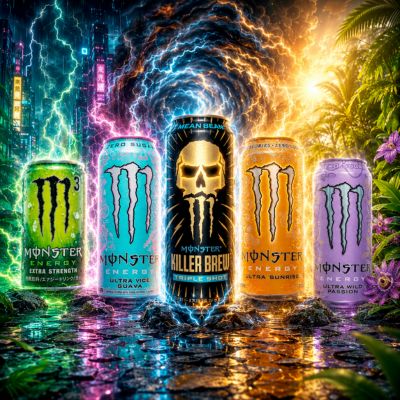 Monster Energy Dosen in einer energiegeladenen Szene mit Blitz, Neon und Dschungel-Atmosphäre.