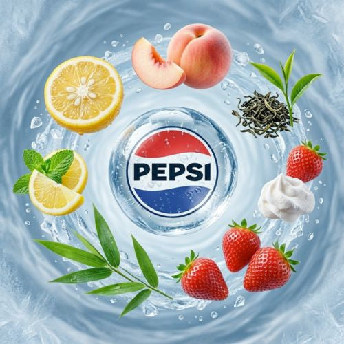 Pepsi Logo im Eiswasser-Strudel, umgeben von exotischen Zutaten wie Yuzu, weißem Pfirsich, Oolong-Tee, Erdbeeren und Bambus.