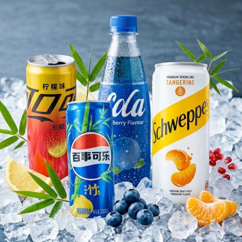 Exotische Import-Softdrinks auf Eiswürfeln, inklusive Pepsi Bamboo und Schweppes Tangerine.