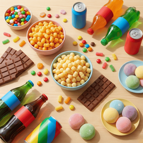 Farbenfrohe, moderne Grafik im lebendigen Stil von Lustladen24, die die internationalen Snack-Trends 2026 und exklusive Süßwaren-Neuheiten visuell darstellt.