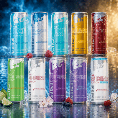 Kollektionsbild verschiedener Red Bull Editionsauf eisigem Hintergrund.