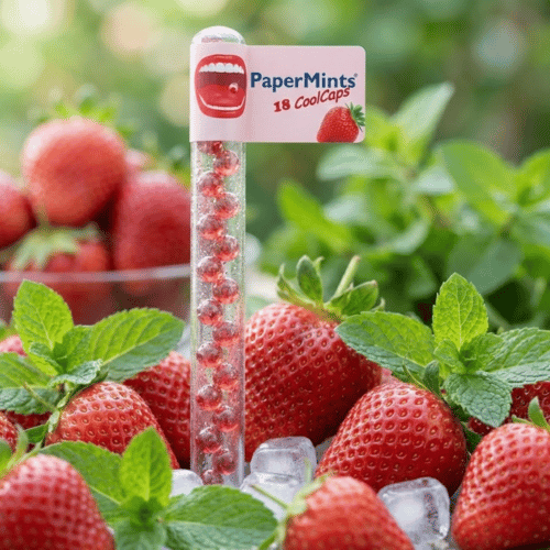 Ein transparentes Kunststoff-Röhrchen mit 18 kleinen, roten PaperMints CoolCaps Kapseln steht aufrecht inmitten von frischen Erdbeeren, grünen Minzblättern und Eiswürfeln. Das rosa Etikett zeigt eine Illustration eines Mundes und eine Erdbeere.