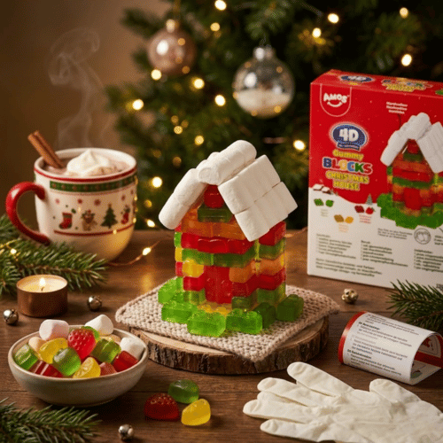 Amos 4D Gummy Blocks Christmas House 220g – Fruchtgummi-Bausteine Apfel Zitrone Erdbeere mit Marshmallow-Dach