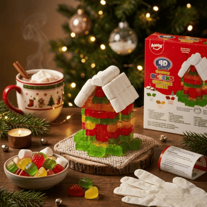 Amos 4D Gummy Blocks Christmas House 220g – Fruchtgummi-Bausteine Apfel Zitrone Erdbeere mit Marshmallow-Dach