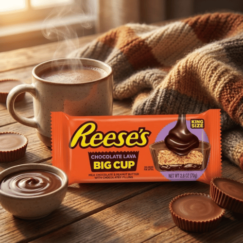 Orangefarbene King-Size-Packung „Reese's Chocolate Lava BIG CUP“ (79g) auf einem Holztisch. Daneben ein angeschnittener Cup mit flüssigem Schokoladenkern.