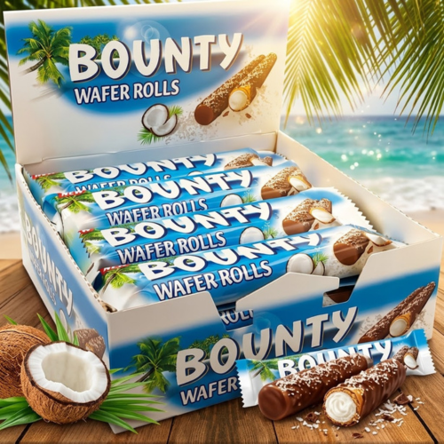 Bounty Wafer Rolls Packung mit Kokosfüllung und Milchschokolade