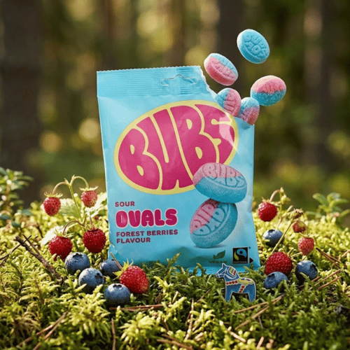 Bubs Sour Ovals Forest Berries 90g – blaue Tüte mit sauren
                    Waldbeeren-Schaumzuckerbonbons, vegan & Fairtrade
