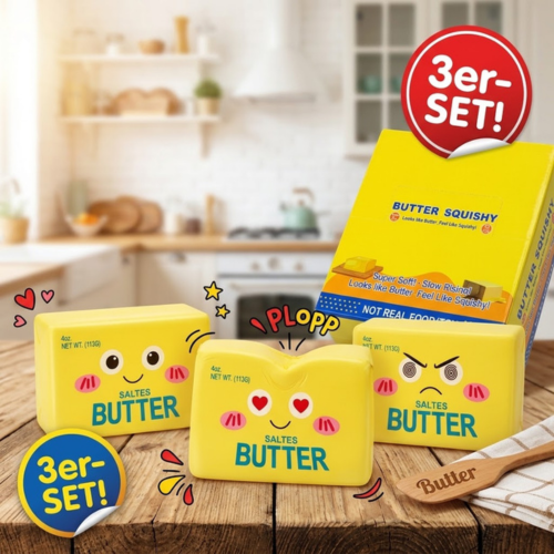 Drei gelbe Butter Squishys mit verschiedenen Gesichtern in Cellophan verpackt