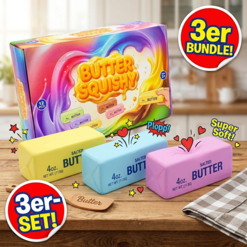 Drei Butter Squishys in Gelb, Rosa und Hellblau, einzeln in Folie verpackt
