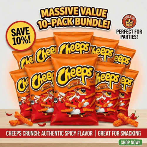 Produktbild eines 10er Bundles der Marke Cheeps Crunch. Zehn rot-orangefarbene Snacktüten mit einem coolen Geparden auf einem Skateboard sind fächerförmig angeordnet. Ein gelbes Siegel oben links verspricht eine Ersparnis von 10 Prozent. Am oberen Rand steht der Text Massive Value 10-Pack Bundle.