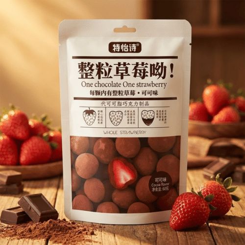 Weiße Packung mit asiatischer Schrift zeigt schokolierte ganze Erdbeeren. Im Vordergrund eine aufgeschnittene Praline mit leuchtend rotem Fruchtkern.