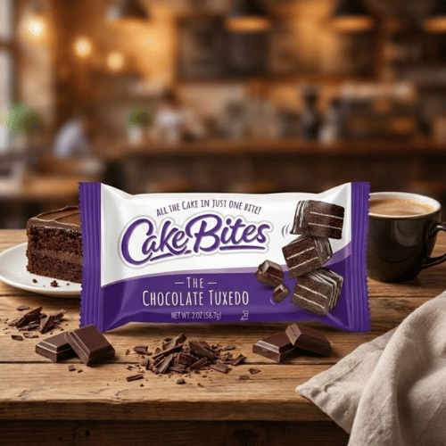 Dunkelviolette 56,7g Packung "CakeBites The Chocolate Tuxedo" auf rustikalem Holz neben Schokoladenstücken und Kaffee. Abgebildet sind geschichtete Schokoladenkuchen.