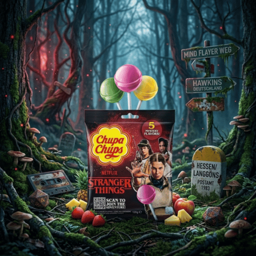 Chupa Chups Stranger Things Beutel mit 5 Mystery-Flavors vor einem unheimlichen Waldhintergrund mit Wegweisern nach Hawkins und zum Mind Flayer Weg.