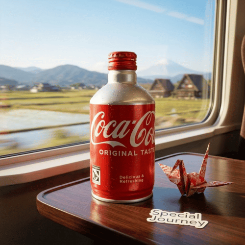 apanische Coca-Cola 300ml Aluminiumflasche Original Taste vor Fuji-Kulisse im Shinkansen – Exklusiver Japan-Import für Sammler erhältlich bei Lustladen24.