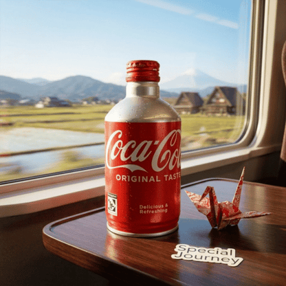 apanische Coca-Cola 300ml Aluminiumflasche Original Taste vor Fuji-Kulisse im Shinkansen – Exklusiver Japan-Import für Sammler erhältlich bei Lustladen24.