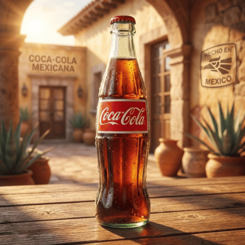 Gekühlte Glasflasche Coca-Cola Mexicana mit Kondenswasser, stehend auf einem Holztisch in einem sonnendurchfluteten, rustikalen Hacienda-Innenhof mit Agaven und 'Hecho en Mexico'-Schriftzug.