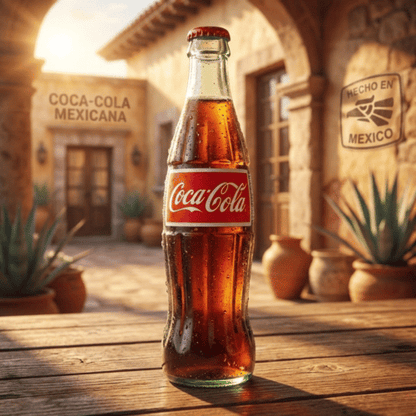 Gekühlte Glasflasche Coca-Cola Mexicana mit Kondenswasser, stehend auf einem Holztisch in einem sonnendurchfluteten, rustikalen Hacienda-Innenhof mit Agaven und 'Hecho en Mexico'-Schriftzug.