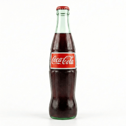 Gekühlte Mexikanische Coca-Cola 355ml Glasflasche mit Kondenswasser und dem klassischen roten Logo auf weißem Hintergrund.