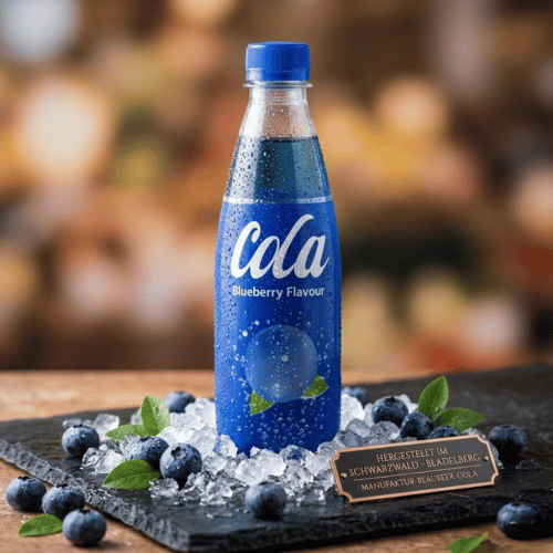 Eine kühle, tiefblaue Flasche Blaubeer-Cola auf zerstoßenem Eis, dekoriert mit frischen Blaubeeren und einer Metallplakette „Manufaktur-Blaubeer-Cola“.