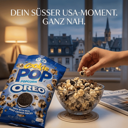 Ein stimmungsvolles Abend-Szenario in einer Wohnung mit Blick auf eine beleuchtete Stadtkulisse. Auf einem Tisch steht eine geöffnete Packung Cookie Pop Oreo Popcorn neben einer Schüssel, die bis oben mit dem schwarz-weißen Snack gefüllt ist. Eine Hand greift gerade nach einem Popcorn-Stück. Warme Lampenbeleuchtung und ein Magazin im Vordergrund unterstreichen die gemütliche Atmosphäre.