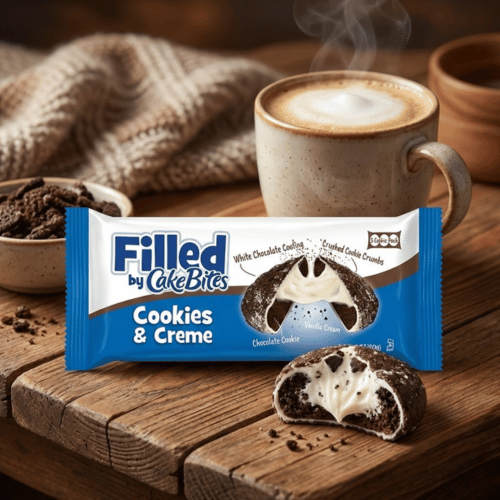 60g Packung CakeBites Cookies & Creme mit 3 gefüllten Keksen, dunkler Teig mit weißer Creme-Füllung, serviert auf Holz neben einer Tasse Kaffee.
