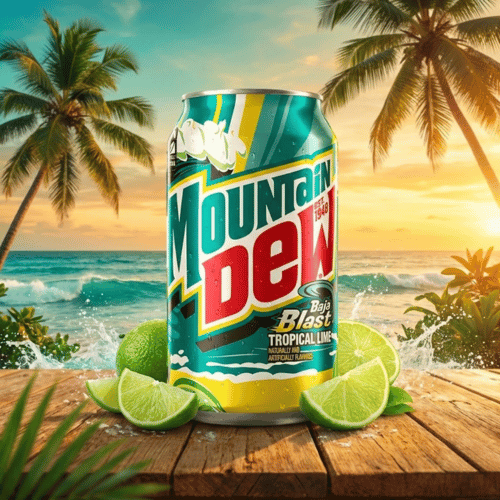 Eine türkisfarbene Dose Mountain Dew Baja Blast Tropical Lime steht auf einem rustikalen Holzsteg. Im Hintergrund ein tropischer Strand mit Palmen, türkisem Meer und Sonnenuntergang. Frische Limettenscheiben liegen dekorativ neben der Dose.