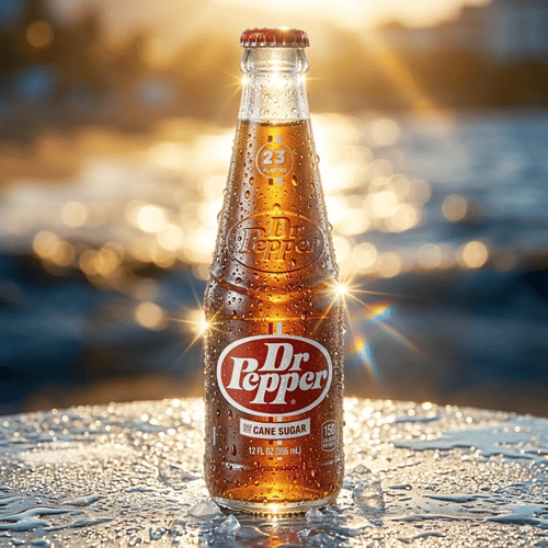 r Pepper Real Sugar Bottle 355ml Glasflasche – USA-Import mit Rohrzucker und 23 Flavors, koffeinhaltiges Erfrischungsgetränk im Strand mit Sonnenuntergang.