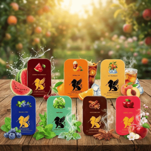 EHRENZAHN Premium Zahnstocher Kollektion mit 7 bunten Metalldosen (Apfel, Zimt, Minze, Frucht) auf rustikalem Holztisch mit frischen Zutaten und Aroma-Effekten.