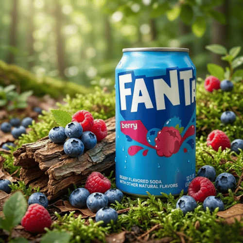 Blaue Fanta Berry Dose (355ml) auf moosigem Waldboden im Sonnenlicht, authentisch drapiert mit frischen Blaubeeren, Himbeeren und Rindenstücken.