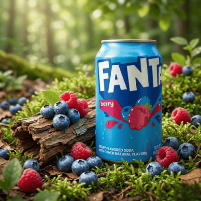 Blaue Fanta Berry Dose (355ml) auf moosigem Waldboden im Sonnenlicht, authentisch drapiert mit frischen Blaubeeren, Himbeeren und Rindenstücken.