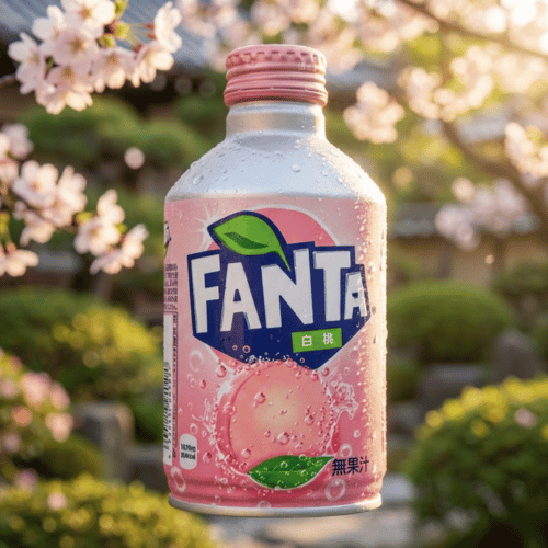 Rosa Fanta White Peach Aluminiumflasche aus Japan vor einem Hintergrund aus blühenden Kirschblüten im hellen Sonnenlicht.