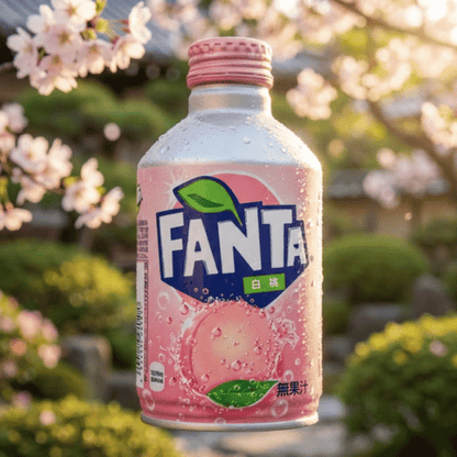 Rosa Fanta White Peach Aluminiumflasche aus Japan vor einem Hintergrund aus blühenden Kirschblüten im hellen Sonnenlicht.