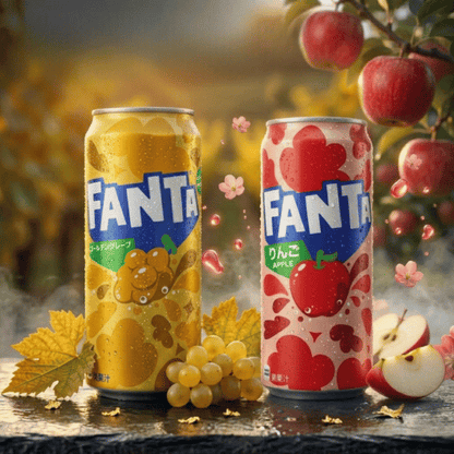
Fanta Japan Import 500 ml – Golden Grape gelbe Dose und Red Apple rosafarbene Dose, japanisches Design, 