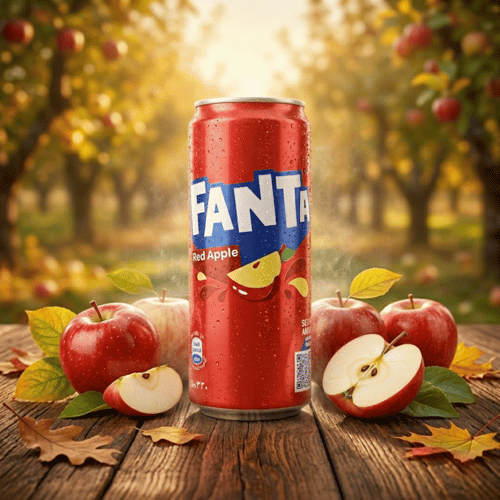 
Fanta Red Apple Egypt 330-ml-Dose in leuchtendem Rot – Ägypten-Import mit Roter-Apfel-Geschmack