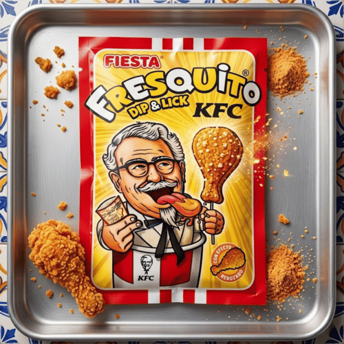Sachet-Verpackung für 'Fiesta Fresquito KFC Dip & Lick' Süßigkeit. Illustration einer Colonel Sanders Karikatur, die einen Hähnchenkeulen-Lolli leckt und aus einem KFC-Eimer ragt. Text in Spanisch und Englisch.