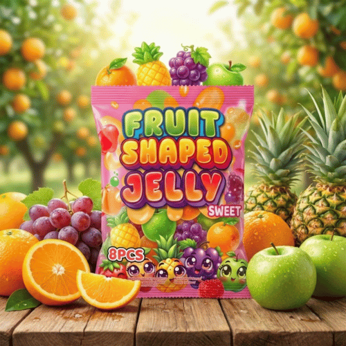 Packung "Fruit Shaped Jelly Sweet" (280g) in Pink mit Sichtfenster, das bunte Gelee-Früchte in Formen von Ananas, Traube und Apfel zeigt, umgeben von Comic-Früchten.